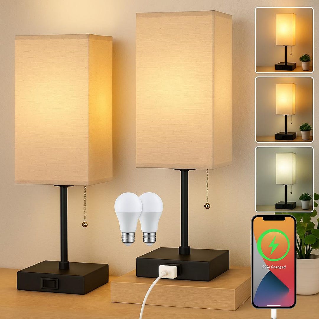 Simple Table Light Modern Minimalist Table Lamp Set: Square Nightstand Light With Pull ...