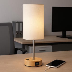 May include: A modern table lamp with a cylindrical beige lampshade and a wooden base. The base has a digital display showing the number 20. A smartphone is charging next to the lamp.