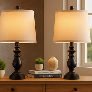 Matte Black Table Lamps (Set of 2): Beige Linen Shade, Retro Bedside Lighting