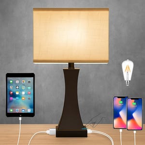 USB Iron Bedside Lamp – Modern Desk Lamp With Dual USB Charging Ports, E26 Base, Black Metal Shade – For Bedroom, Living Room, Office