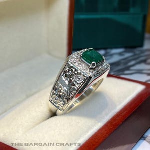 Emerald Ring for Men | Sterling Silver Engraved Jewelry |  August Birthstone | Natural Zamurd Gemstone