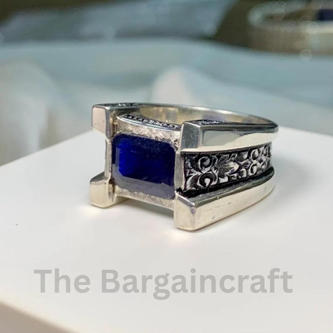 メンズ用ブルーサファイアリング｜手彫りスターリングシルバー｜9月の