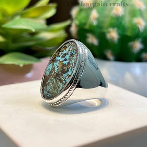 Handmade Turquoise Mens Ring | Oval Sterling Silver Statement Jewelry | Natural   Large Gemstone  | Birthstone Gift