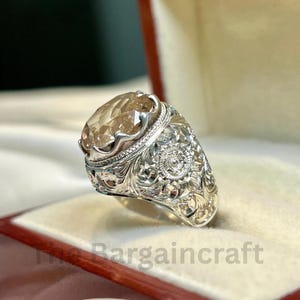 Hand Engraved Clear Quartz Ring | 925 Sterling Silver Statement Jewelry | White Crystal Birthstone Rings
