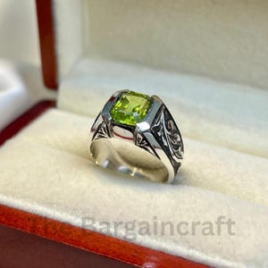 Green Peridot Ring 925 Sterling Silver | Rectangular Cushion Cut Gemstone Men&#39;s Statement Ring | August Birthstone Gift Jewelry for Him