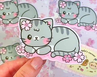 Sakura Kitty Sticker: Waterproof Vinyl Decal for Laptop, Water Bottle