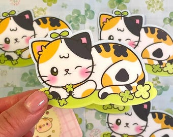 Clover Kitty Vinyl Sticker: Waterproof Laptop, Water Bottle Decal