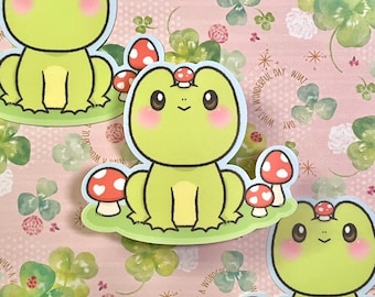 Kawaii Frog with Mushrooms Sticker | Waterproof Vinyl Decal