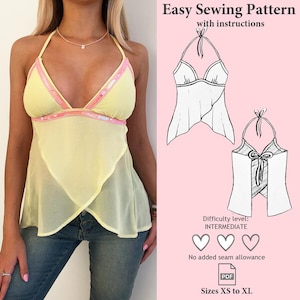 Halter Neck Babydoll Sequins Top Sewing Pattern, Halter Neck PDF Pattern,  Tie Back Top Sewing Pattern, Y2K Pattern, XS to XL