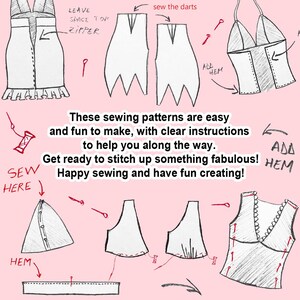 May include: Hand-drawn sewing pattern diagrams on a pink background. The diagrams show various garment pieces with instructions like "sew the darts" and "add hem." Text reads: "These sewing patterns are easy and fun to make..."