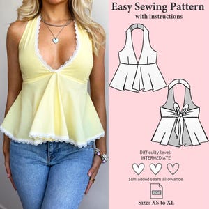 May include: A pale yellow halter top with white lace trim along the neckline and hem. The image includes a technical line drawing of the garment, text reading Easy Sewing Pattern with instructions, Difficulty level: INTERMEDIATE, 1cm added seam allowance, and Sizes XS to XL.