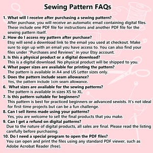 May include: A pink background with the text "Sewing Pattern FAQs" and numbered questions about digital sewing patterns. Includes details on accessing patterns, paper sizes, seam allowance, and selling finished items. The pattern is available in sizes XS to XL.