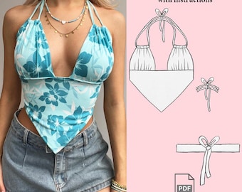 Puede incluir: Top halter azul claro con estampado floral, combinado con una minifalda vaquera. La imagen incluye un patrón de costura con instrucciones y el texto "Easy Sewing Pattern with instructions" y "Sizes XS to XL".