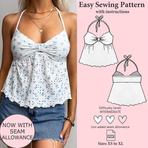 Halter Babydoll Top Sewing Pattern, Tie Back Ruffles Top Sewing Pattern, Halter Neck PDF Pattern, Cute Y2K Pattern, Cami Top Pattern XS- XL
