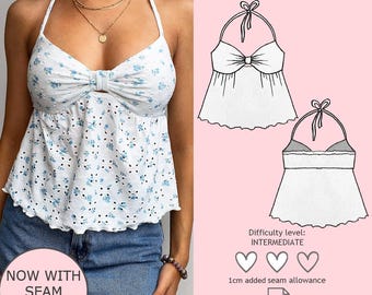 May include: A white halter top with blue floral embroidery and a bow detail. The image also shows a sewing pattern with instructions for the top, labeled "Easy Sewing Pattern." The pattern is for sizes XS to XL and is rated as intermediate difficulty.