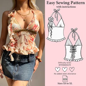 Halter Neck Flower Ruffles Top, Babydoll Sewing Pattern, Halter Neck PDF Pattern, Tie Up Back Top Sewing Pattern, Y2K Cami Top Pattern