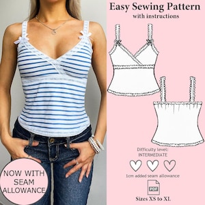 May include: A white and blue striped camisole with lace trim and bow accents. The image also includes a sewing pattern illustration, with the text "Easy Sewing Pattern with instructions", "Difficulty level: INTERMEDIATE", and "Sizes XS to XL". The text "NOW WITH SEAM ALLOWANCE" is also visible.