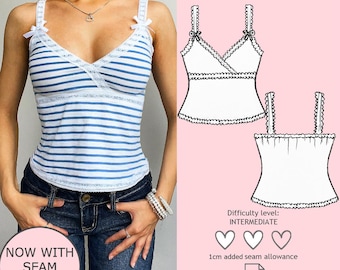 May include: A white and blue striped camisole with lace trim and bow accents. The image also includes a sewing pattern illustration, with the text "Easy Sewing Pattern with instructions", "Difficulty level: INTERMEDIATE", and "Sizes XS to XL". The text "NOW WITH SEAM ALLOWANCE" is also visible.