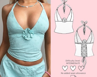 Halter Neck Crop Top Sewing Pattern, Flower Crop Top Pattern, Lace Up Back Pattern, Y2K Top PDF Pattern, Crop Top Digital Download Pattern