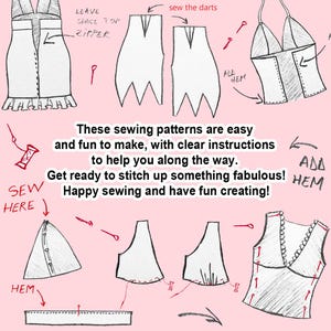 May include: Hand-drawn sewing pattern diagrams on a pink background. The diagrams show various garment pieces with instructions like "sew the darts" and "add hem." Text reads: "These sewing patterns are easy and fun to make..."