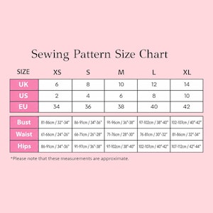 May include: A sewing pattern size chart with measurements in inches and centimeters. The chart includes sizes XS to XL, with corresponding UK, US, and EU sizes. Bust, waist, and hip measurements are provided in inches and centimeters.