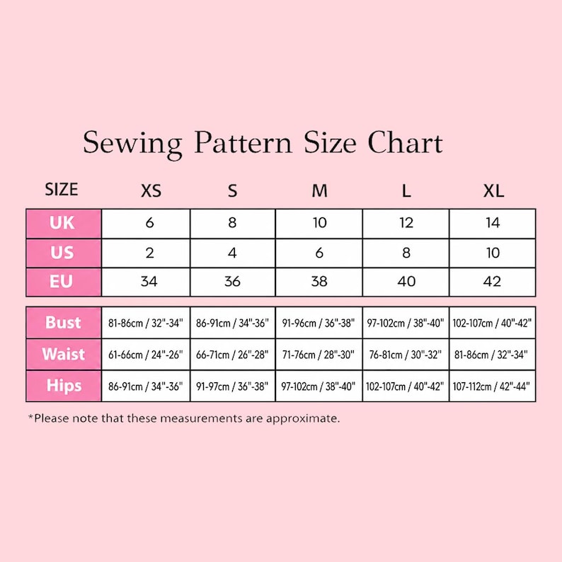 May include: A sewing pattern size chart with measurements in inches and centimeters. The chart includes sizes XS to XL, with corresponding UK, US, and EU sizes. Bust, waist, and hip measurements are provided in inches and centimeters.