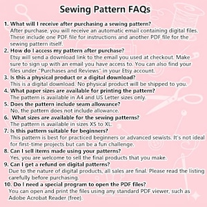 Pode incluir: Um gr&aacute;fico informativo rosa claro intitulado Sewing Pattern FAQs com texto branco listando dez perguntas e respostas numeradas sobre compras de moldes de costura digitais, acesso a arquivos, tamanhos de impress&atilde;o e pol&iacute;ticas de uso.