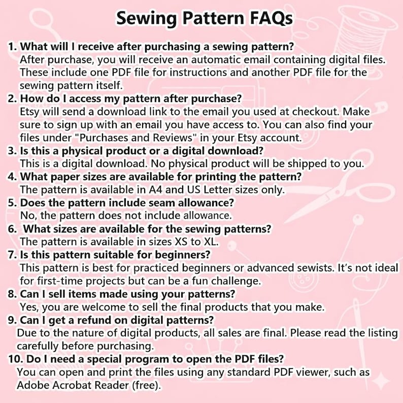 Pode incluir: Um gr&aacute;fico informativo rosa claro intitulado Sewing Pattern FAQs com texto branco listando dez perguntas e respostas numeradas sobre compras de moldes de costura digitais, acesso a arquivos, tamanhos de impress&atilde;o e pol&iacute;ticas de uso.