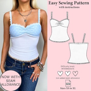 May include: A light blue and white camisole with a polka dot bodice and lace trim. The image includes a sewing pattern illustration with the text Easy Sewing Pattern with instructions, Difficulty level: INTERMEDIATE, 1cm added seam allowance, and Sizes XS to XL.