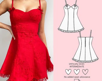 Minikleid Schnittmuster, Frauen Sommerkleid Schnittmuster, Rüschen Kleid Schnittmuster, Fließendes Kleid Schnittmuster, A Linie Kleid Schnittmuster, Bustier Kleid