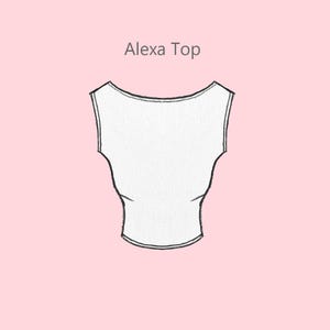 May include: A white sleeveless top with a scoop neckline, outlined in black. The text "Alexa Top" is above the top, in a sans-serif font, on a pink background. The top has a fitted silhouette.