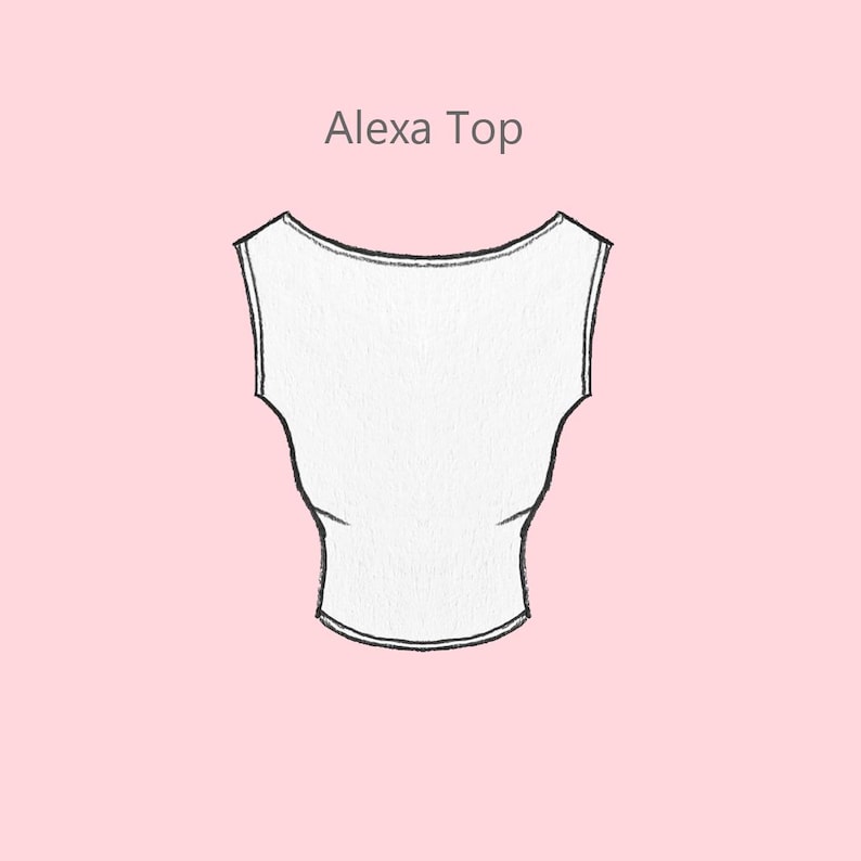 May include: A white sleeveless top with a scoop neckline, outlined in black. The text "Alexa Top" is above the top, in a sans-serif font, on a pink background. The top has a fitted silhouette.