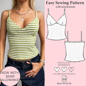 Patrón de costura de camisola en PDF, patrón de costura Y2K en descarga digital, patrón de top corto, patrón de costura de camiseta sin mangas, patrón de top para mujer talla XS - XL