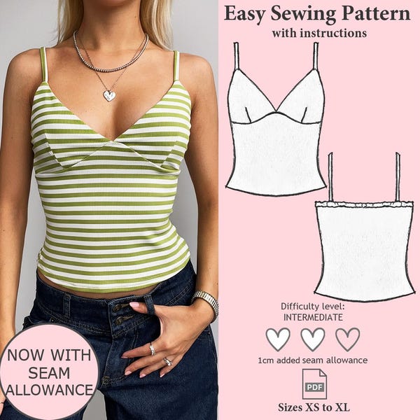 Cami-top naaipatroon pdf, Y2K-naaipatroon digitale download, crop top-patroon, tanktop-naaipatroon, damestop-patroon maat XS - XL