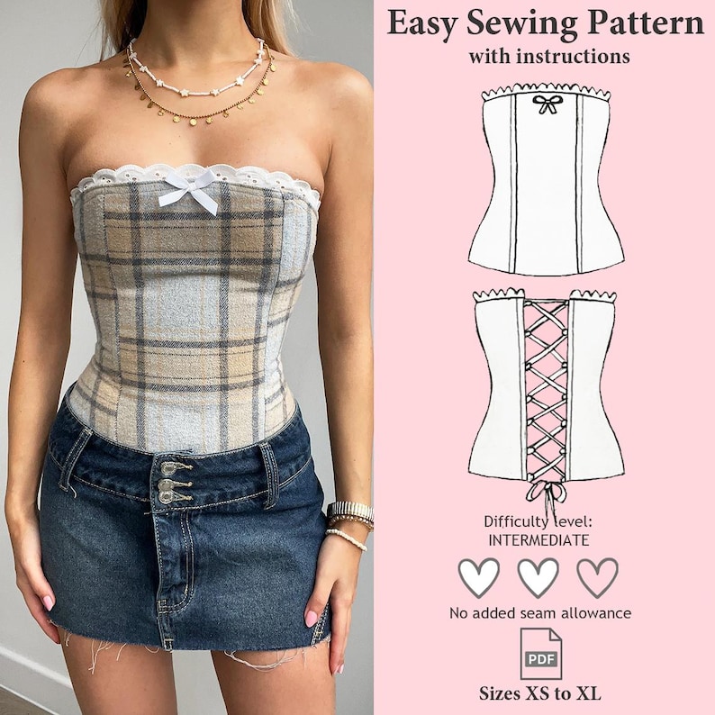 May include: A plaid corset top with a white bow and lace trim is paired with a denim mini skirt. The image also includes a sewing pattern diagram with the text "Easy Sewing Pattern" and "Sizes XS to XL".