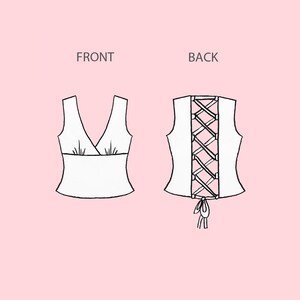 May include: A white sleeveless top with a V-neck design, shown from the front and back. The back view features a corset-style lace-up detail. The word "FRONT" and "BACK" are printed above the respective views.