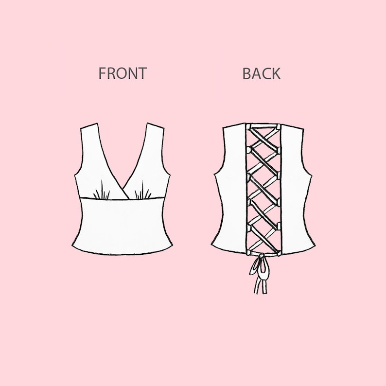 May include: A white sleeveless top with a V-neck design, shown from the front and back. The back view features a corset-style lace-up detail. The word "FRONT" and "BACK" are printed above the respective views.