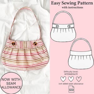 Può includere: Una borsa a righe con un unico manico e due bottoni marroni, accompagnata da un cartamodello facile con istruzioni. Il modello include un diagramma, un livello di difficoltà intermedio e 1cm di margine di cucitura aggiunto per il PDF.