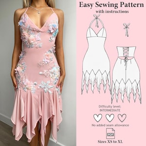 May include: A light pink halter dress with floral embellishments and a ruffled hem. The image also shows a sewing pattern with instructions, difficulty level, and size range.