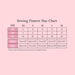 May include: Sewing pattern size chart with measurements in inches and centimeters for sizes XS, S, M, L, and XL. The chart includes UK, US, and EU sizing.