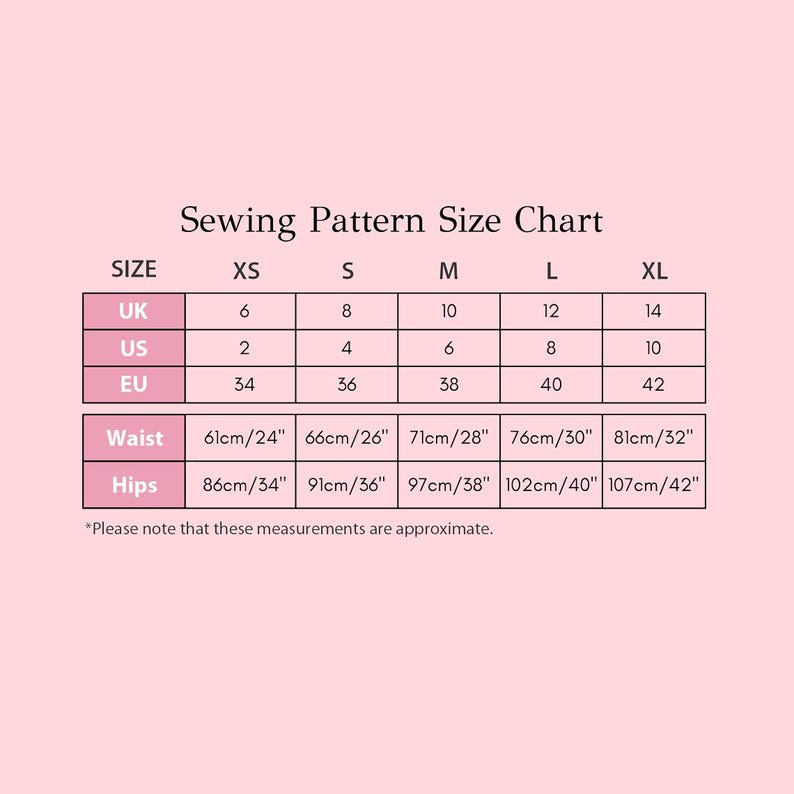 May include: Sewing pattern size chart with measurements in inches and centimeters for sizes XS, S, M, L, and XL. The chart includes UK, US, and EU sizing.