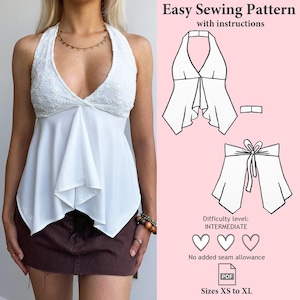 Halter Neck Babydoll Top Sewing Pattern, Halter Neck PDF Pattern, Tie Back Ruffles Top Sewing Pattern, Y2K Pattern, Cami Top Pattern XS- XL