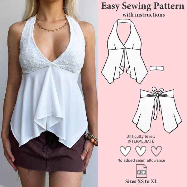 Halter Neck Babydoll Top Sewing Pattern, Halter Neck PDF Pattern, Tie Back Ruffles Top Sewing Pattern, Y2K Pattern, Cami Top Pattern XS- XL