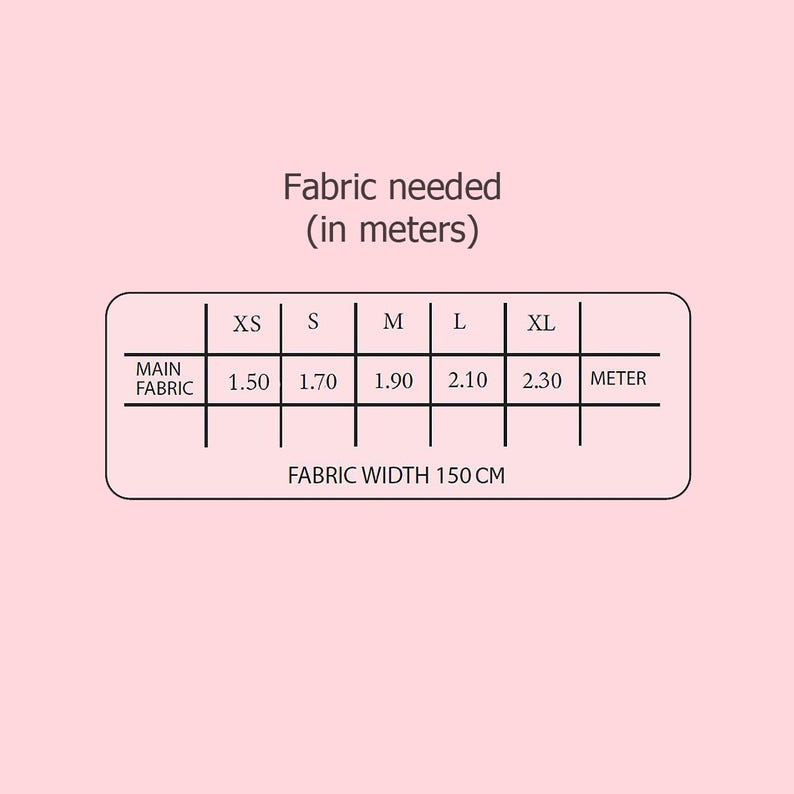 May include: A pink background with a white rectangle containing a fabric measurement chart. The chart shows fabric needed in meters for sizes XS to XL. The fabric width is 150 cm. The text "Fabric needed (in meters)" is at the top.