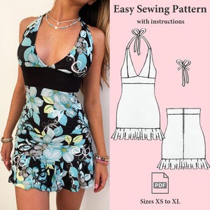 Halter Neck Ruffle Mini Dress Sewing Pattern, Y2K Mini Dress Sewing Pattern, Low Back Dress Pattern, Halter Dress PDF Pattern XS to XL