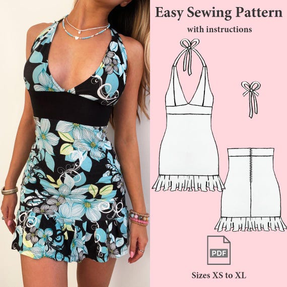 Halter Neck Ruffle Mini Dress Sewing Pattern, Y2K Mini Dress Sewing Pattern,  Low Back Dress Pattern, Halter Dress PDF Pattern XS to XL - Etsy