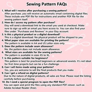 May include: A pink background with the text "Sewing Pattern FAQs" at the top. The text answers questions about digital sewing patterns, including file access, sizes, and refund policies. Includes a graphic of a spool of thread and scissors.
