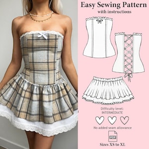 May include: A strapless plaid dress with a white lace trim and a matching white bow. The image also shows a sewing pattern for a corset and skirt, with the text "Easy Sewing Pattern" and "Sizes XS to XL". The difficulty level is intermediate.