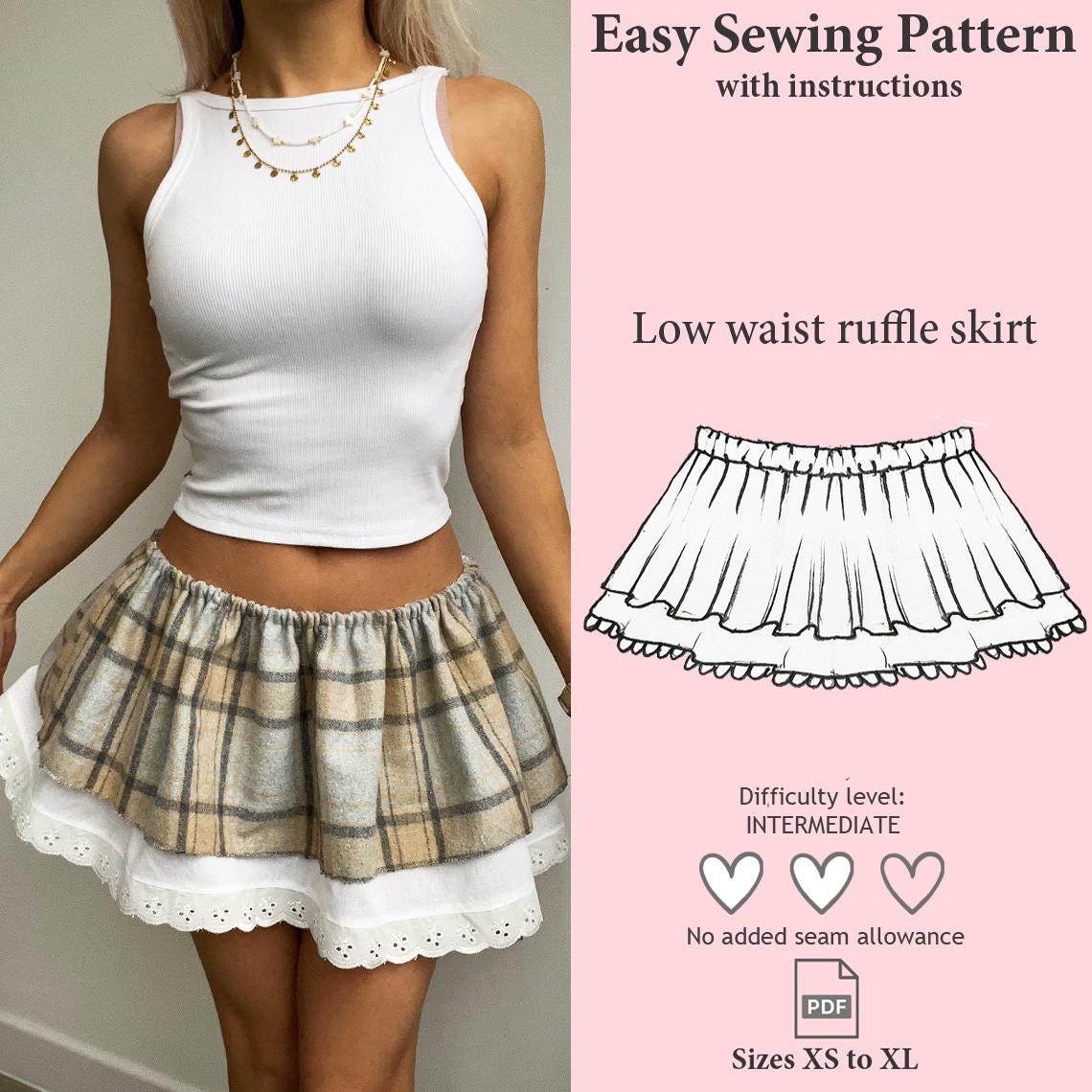 Ruffle Skirt Sewing Pattern, Summer Skirt Pattern, Y2K