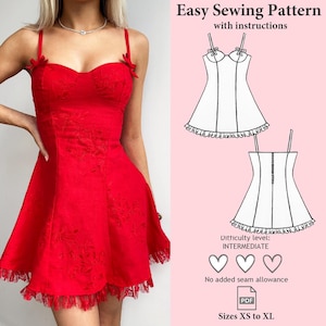 May include: A red dress with a sweetheart neckline and spaghetti straps, adorned with small bows. The dress features a floral pattern and a lace trim at the hem. The image also includes a sewing pattern with instructions, difficulty level: intermediate, and sizes XS to XL.